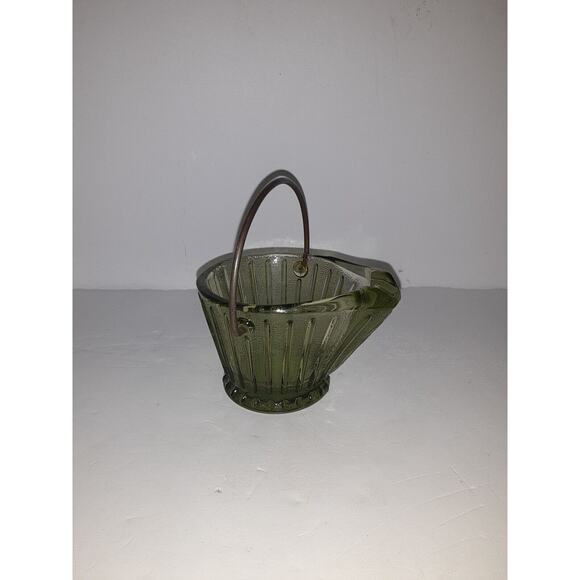 Vintage Hazel Atlas Green Mini Glass Coal/Ash Tray/Scuttle Bucket w/ Wire Handle - Picture 5 of 6